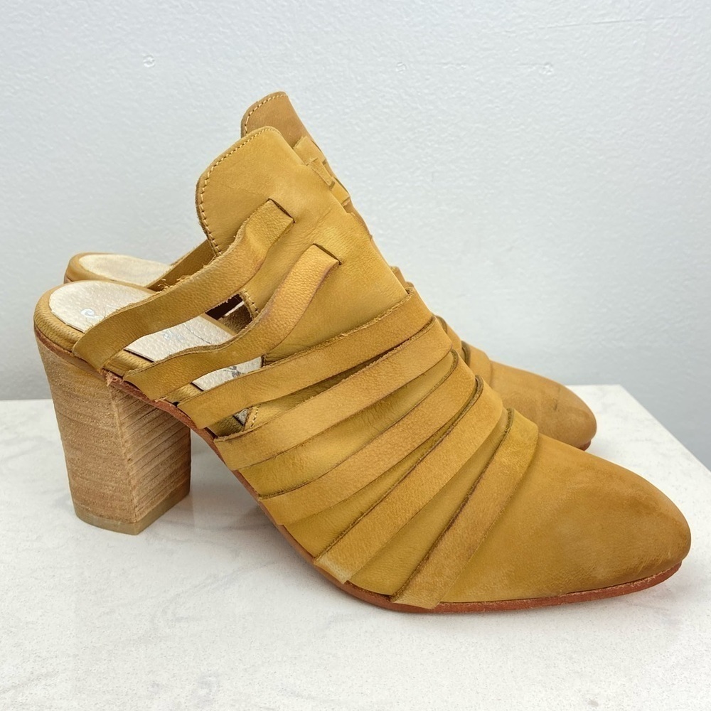 Free People Byron Strappy Leather Mule Heels Mustard Bohemian Shoes